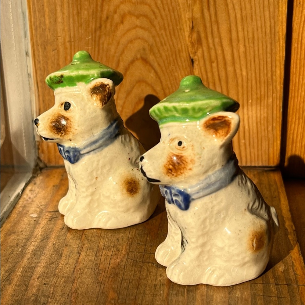 Vintage Japanese porcelain shakers dogs wearing berets.